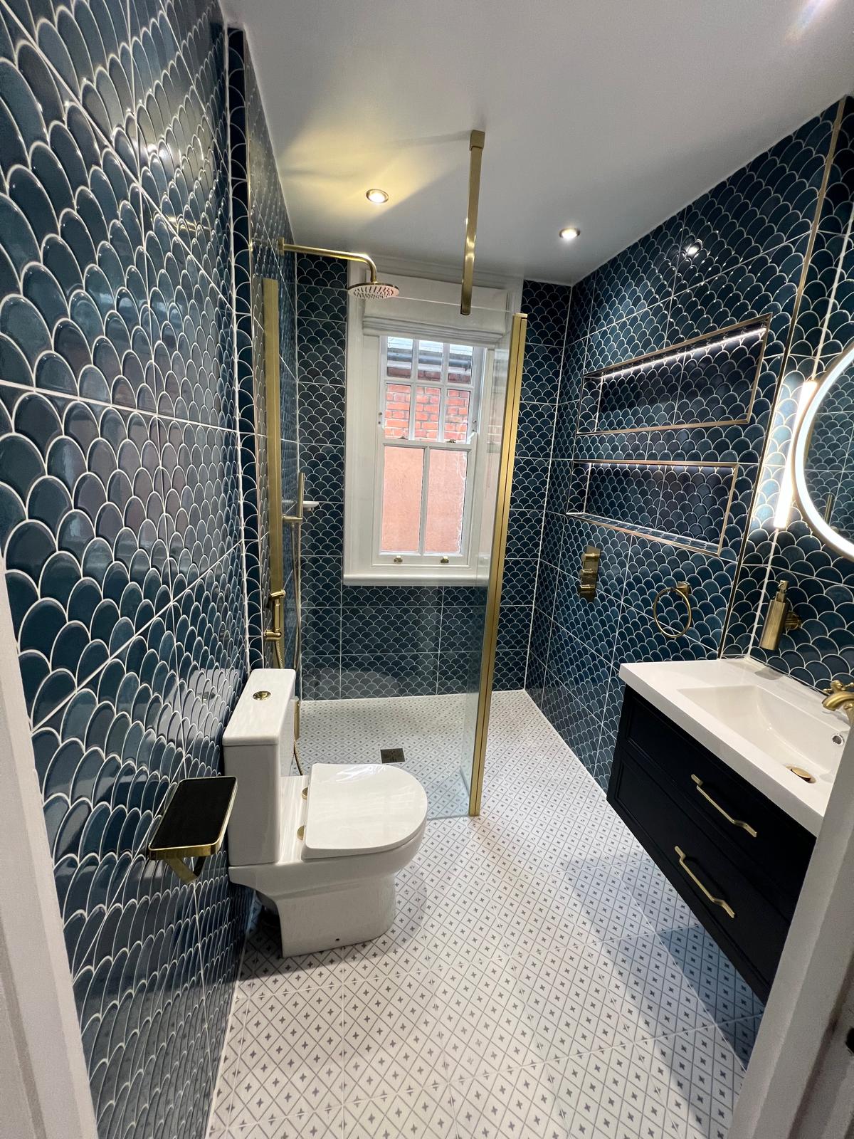Completed blue and gold wetroom by Pulse Bathroom